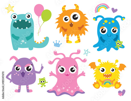 Cute little monsters vector illustration. Furry cute alien character set.