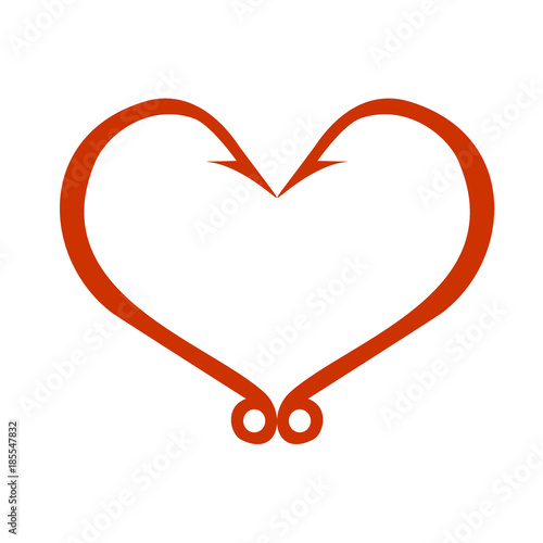 Red heart icon isolated on white. Fish hooks in heart shape. The concept of love of fishing. Vector Illustration.