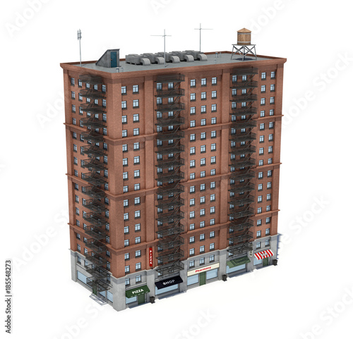 Fototapeta Naklejka Na Ścianę i Meble -  3d rendering of a red brick apartment building with fire escapes and shops on the ground floor.