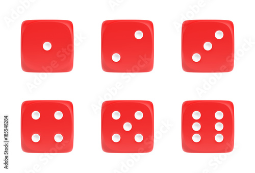 3d rendering of a set of six red dice in front view with white dots showing different numbers.