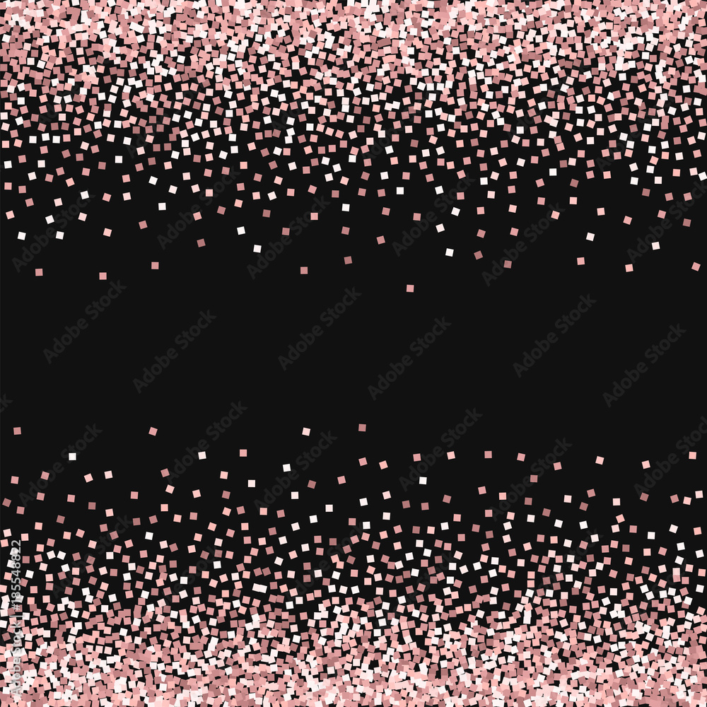 Pink gold glitter. Scattered border with pink gold glitter on black