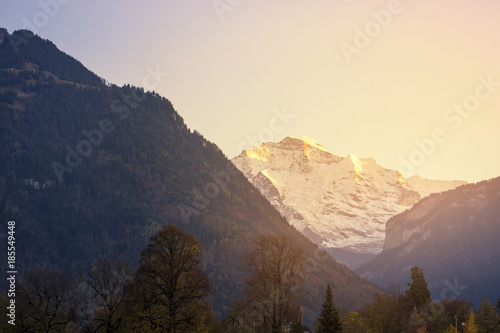 Beautiful Swiss Alps mountain landscape with forest at Interlaken, Switzerland
