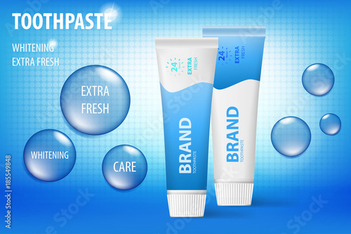 Whitening toothpaste concept, isolated on blue background. Tooth model and product package for web site, poster advertising and marketing. 3D Vector toothpaste illustration.