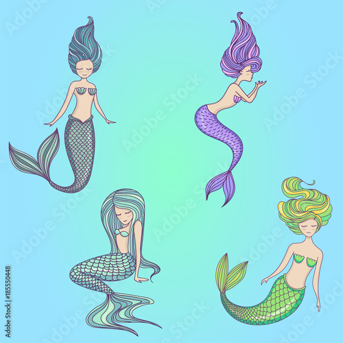 Beautiful little mermaid set. Siren. Sea theme. Hand drawn vector illustration.