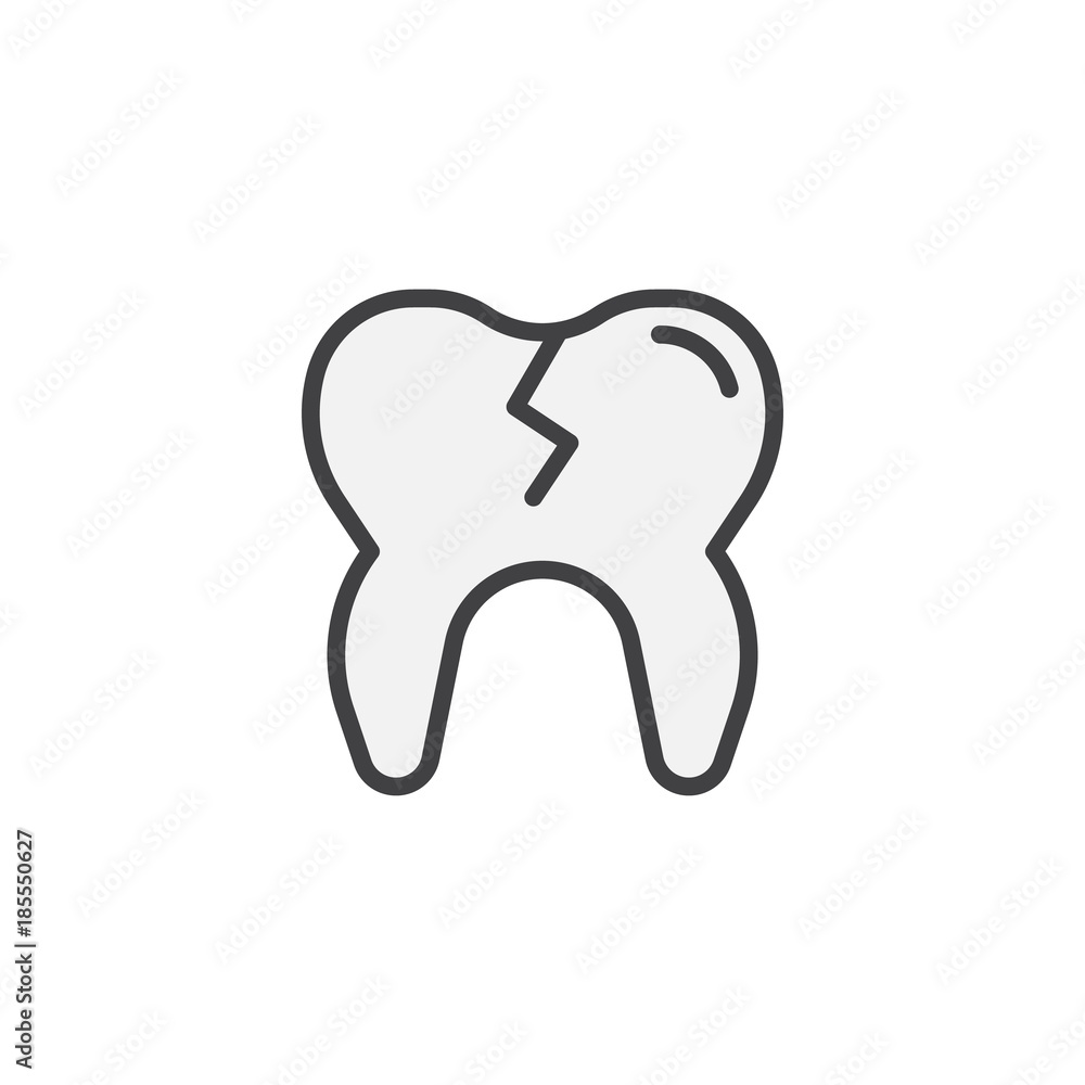 Broken tooth filled outline icon, line vector sign, linear colorful pictogram isolated on white. Tooth caries symbol, logo illustration. Pixel perfect vector graphics