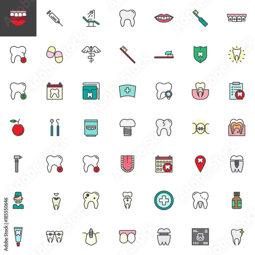 Dentist dental filled outline icons set, line vector symbol collection, linear colorful pictogram pack. Signs, logo illustration, Set includes icons as tooth, implants, braces, caries, denture