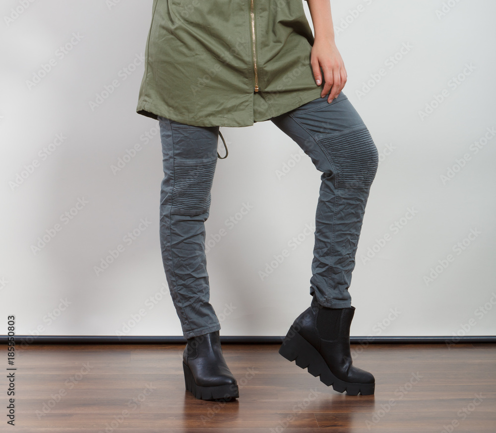 Closeup woman in dark green jacket. Autumn fashion Closeup woman in dark green jacket. Autumn fashion