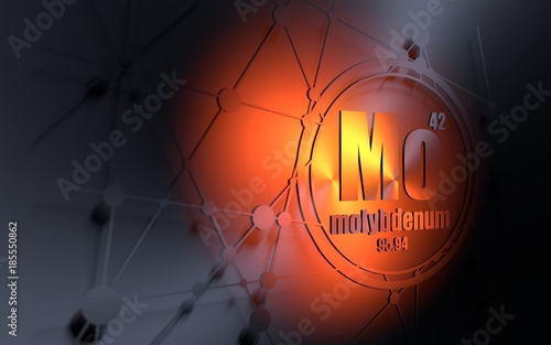 Molybdenum chemical element. Sign with atomic number and atomic weight. Chemical element of periodic table. Molecule and communication background. Connected lines with dots. 3D rendering