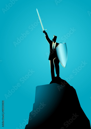 Businessman raising a sword and shield on top of rock