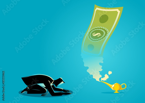 Businessman worshiping money that appearing from magic lamp