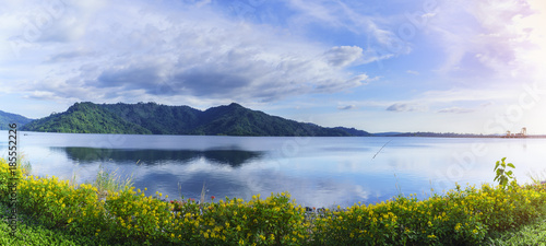 Panoramic image of beautiful Khun Dan Prakarn Chon Dam with reflection , the largest and longest roller compacted concrete (RCC) dam in the world , Nakhon Nayok , Thailand photo