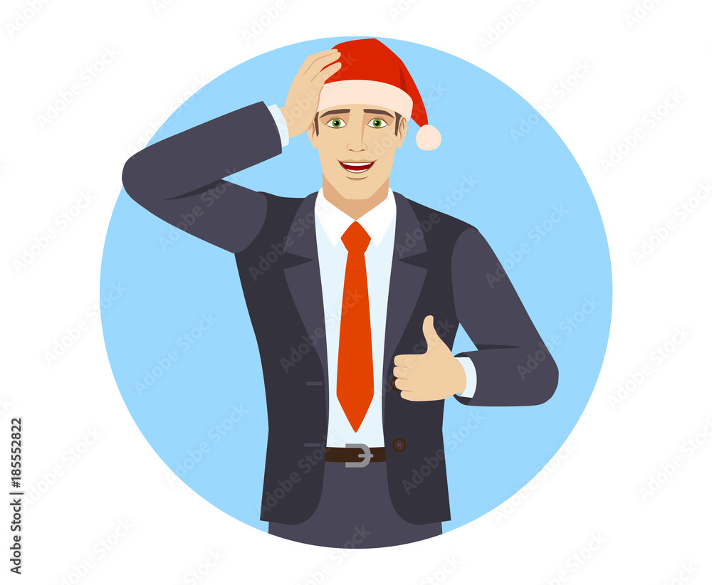 Businessman in Santa showing thumb up and grabbed his head Businessman in Santa showing thumb up and grabbed his head