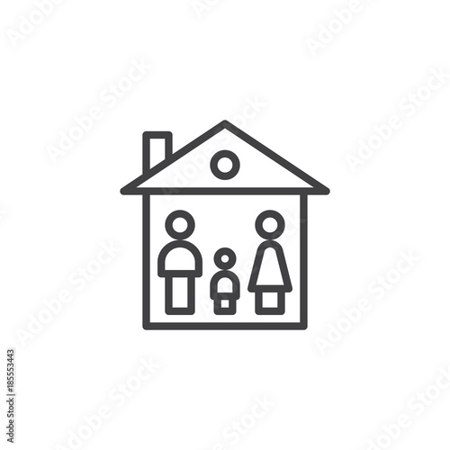 Family house line icon, outline vector sign, linear style pictogram isolated on white. Mother father and child at home symbol, logo illustration. Editable stroke