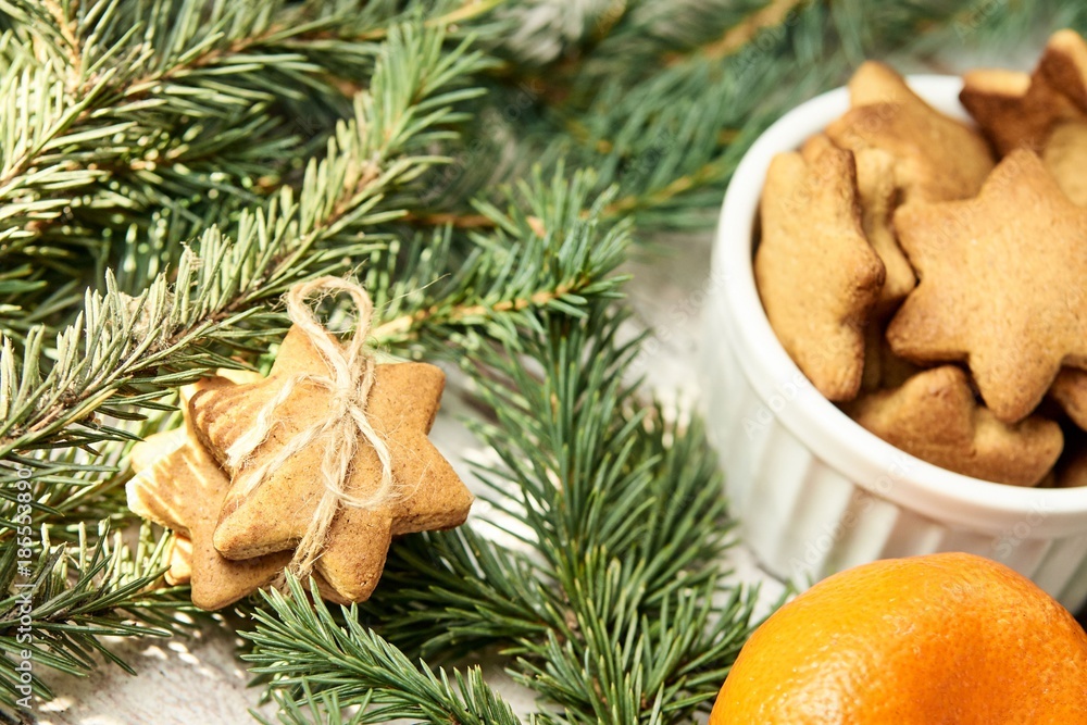 Gingerbread Cookie. NewYear. Delicious tangerine. Fir branch Gingerbread Cookie. NewYear. Delicious tangerine. Fir branch
