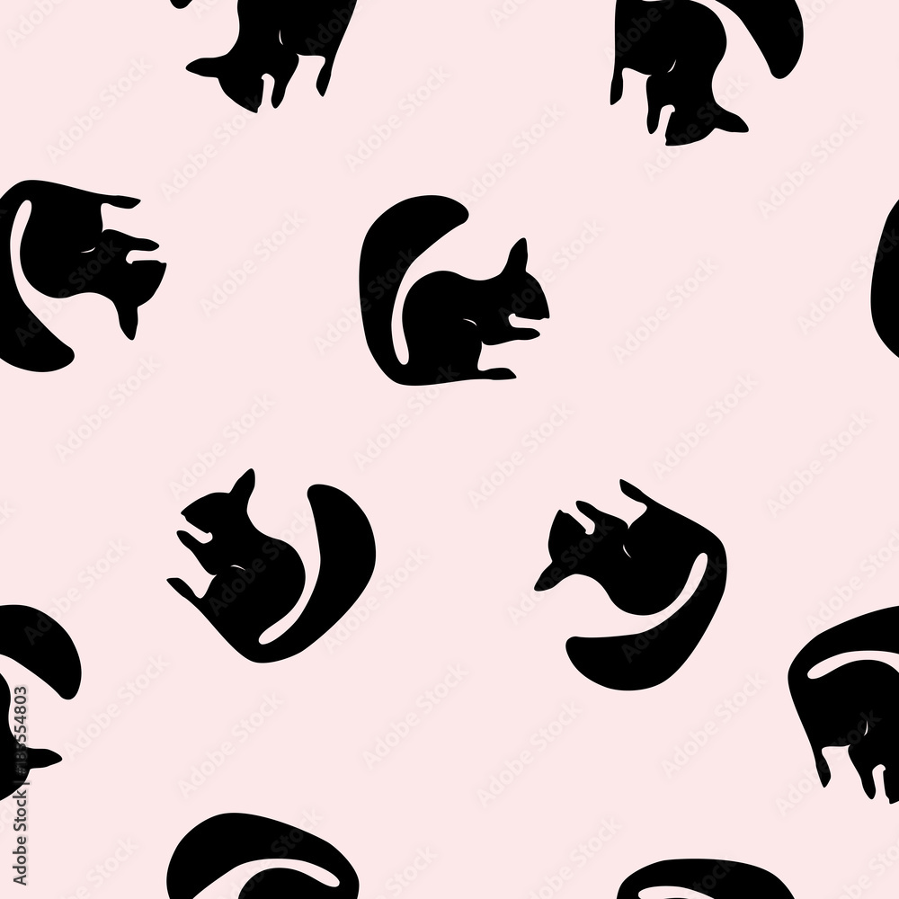 Seamless pattern stylization silhouette black squirrel on pink Seamless pattern stylization silhouette black squirrel on pink