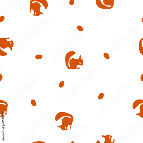 Seamless pattern orange silhouette of squirrel with nuts on white