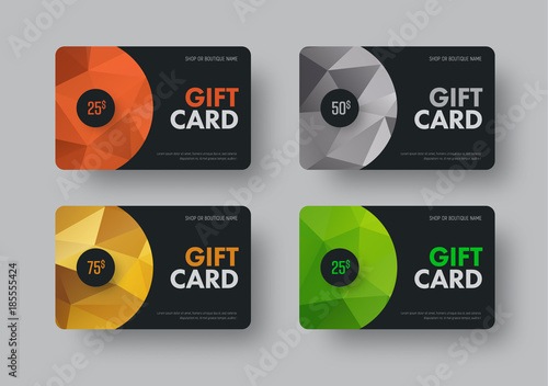 Vector gift card design in black with colored abstract polygonal background.