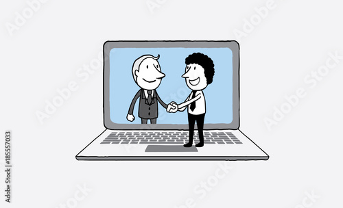 handshake of two business people on laptop background. on line communication concept. isolated vector illustration outline hand drawn doodle line art cartoon design character.