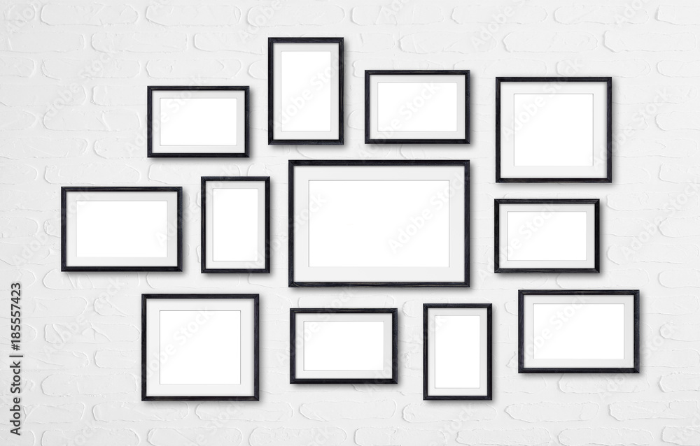 Photo frames mockup, twelve set collection on white bricks wall, 3D illustration Photo frames mockup, twelve set collection on white bricks wall, 3D illustration