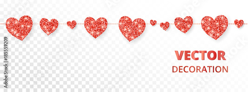 Red hearts frame, seamless border. Vector glitter isolated on white. For decoration of Valentine and Mothers day cards, wedding invitations