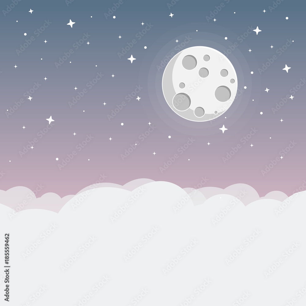 Nacht mit Mond, Wolken, und Sternen Flat Design Icon
