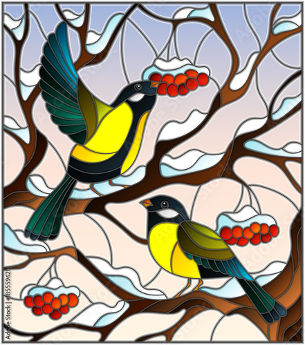 Illustration in stained glass style with a pair of great Tits birds on the branches of a Rowan tree on the background of snow, berries and sky