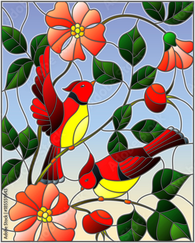 Принти на полотні Illustration in stained glass style with two red birds on the branches of bloomi