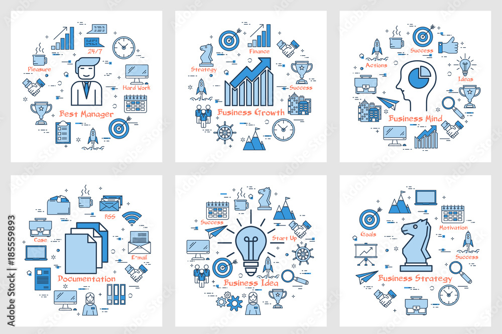 Six business square banners - Growth, Idea, Manager, Strategy, Documentation Six business square banners - Growth, Idea, Manager, Strategy, Documentation