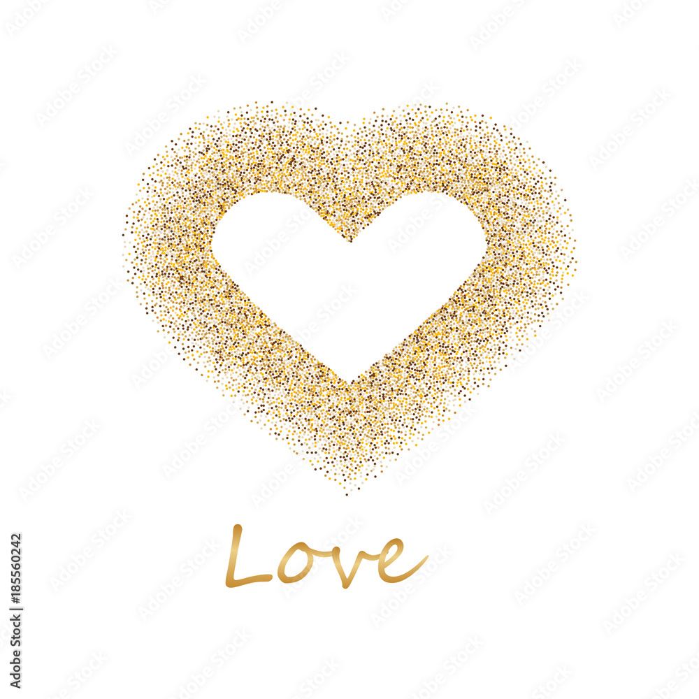 Golden frame in the shape of a heart made of golden confetti on white background. Golden frame in the shape of a heart made of golden confetti on white background.