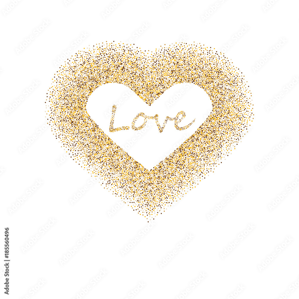 Golden frame in the shape of a heart made of golden confetti on white background. Golden frame in the shape of a heart made of golden confetti on white background.