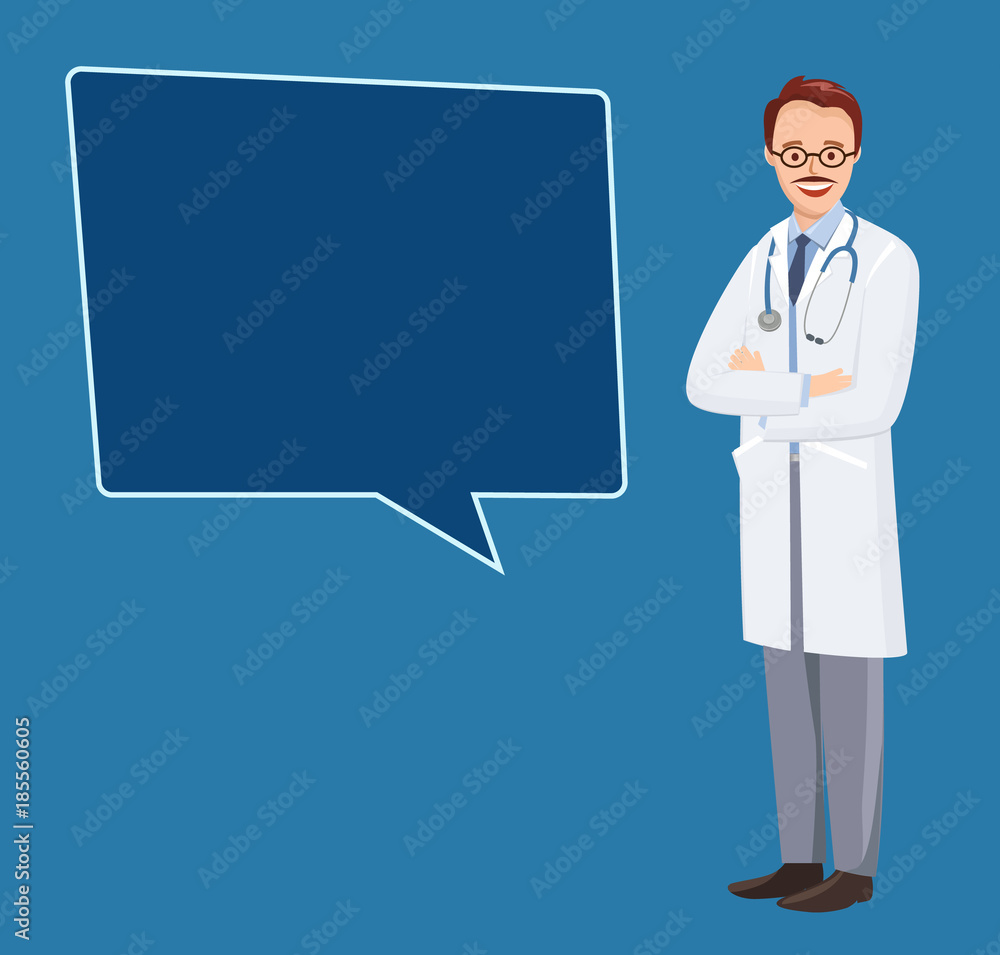 Doctor on dark blue background. Vector illustration medic in flat style. The quote says doctor. Doctor on dark blue background. Vector illustration medic in flat style. The quote says doctor.