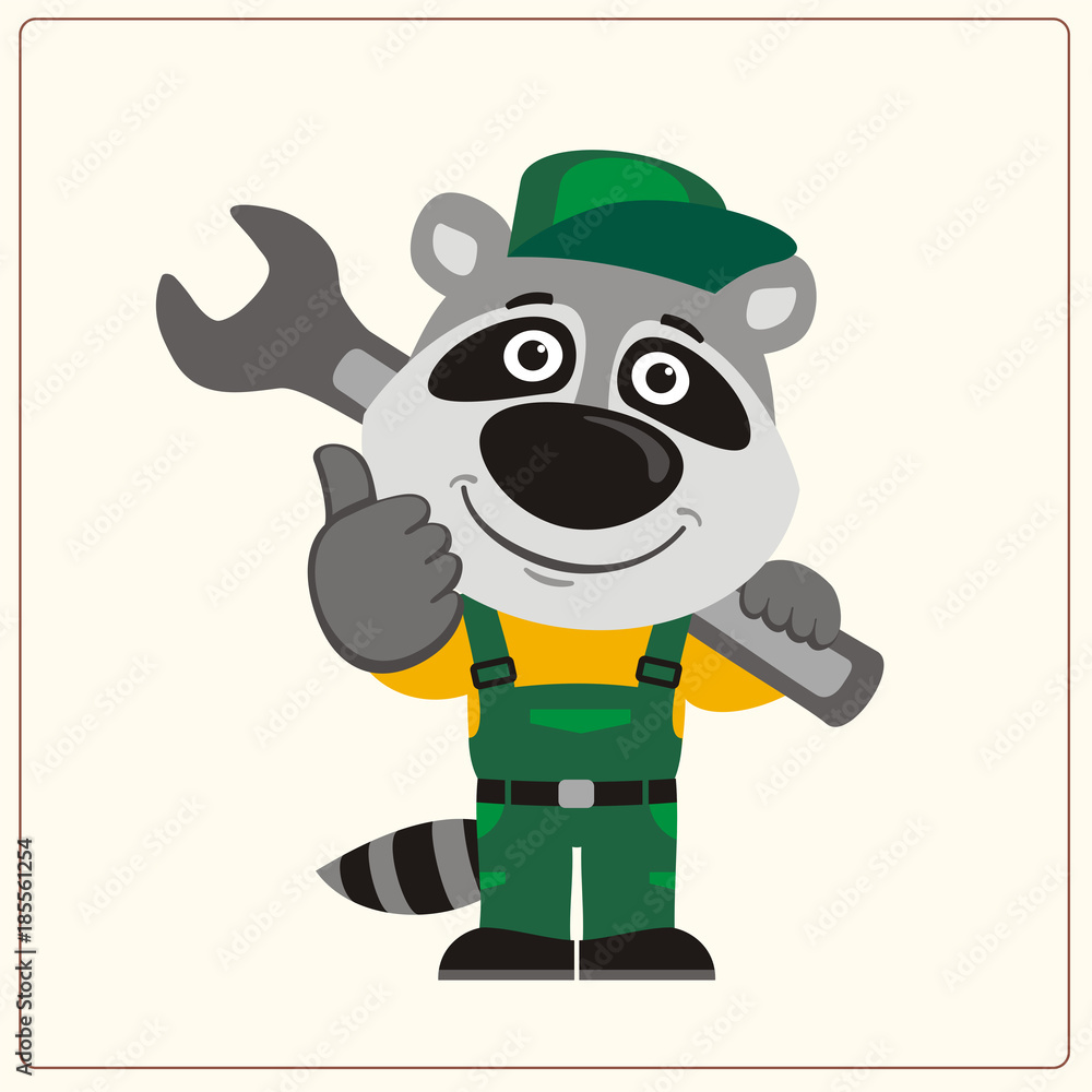 Mechanic Raccoon Sticker Funny raccoon in wearing overalls with the large wrench on her shoulder ...