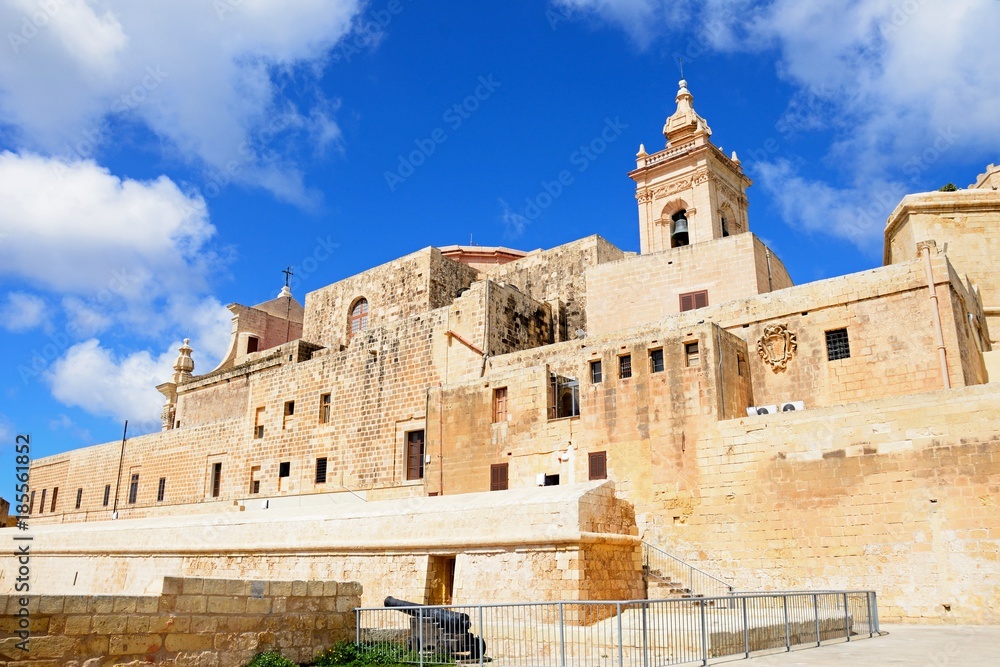 View of part of the citadel and Cathedral tower, Victoria, Gozo, Malta.