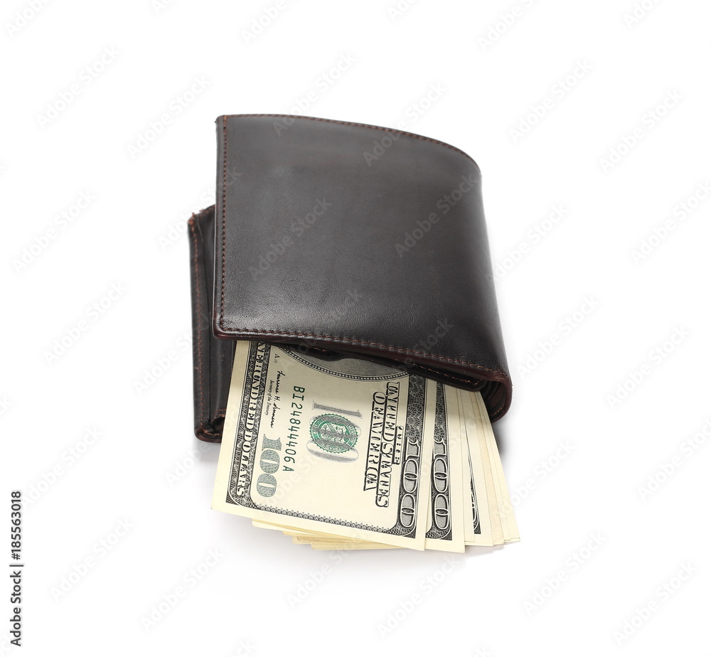 US hundred dollar bills in brown wallet, isolated on white background
US hundred dollar bills in brown wallet, isolated on white background
