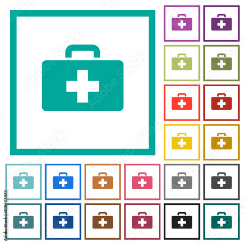 First aid kit flat color icons with quadrant frames
