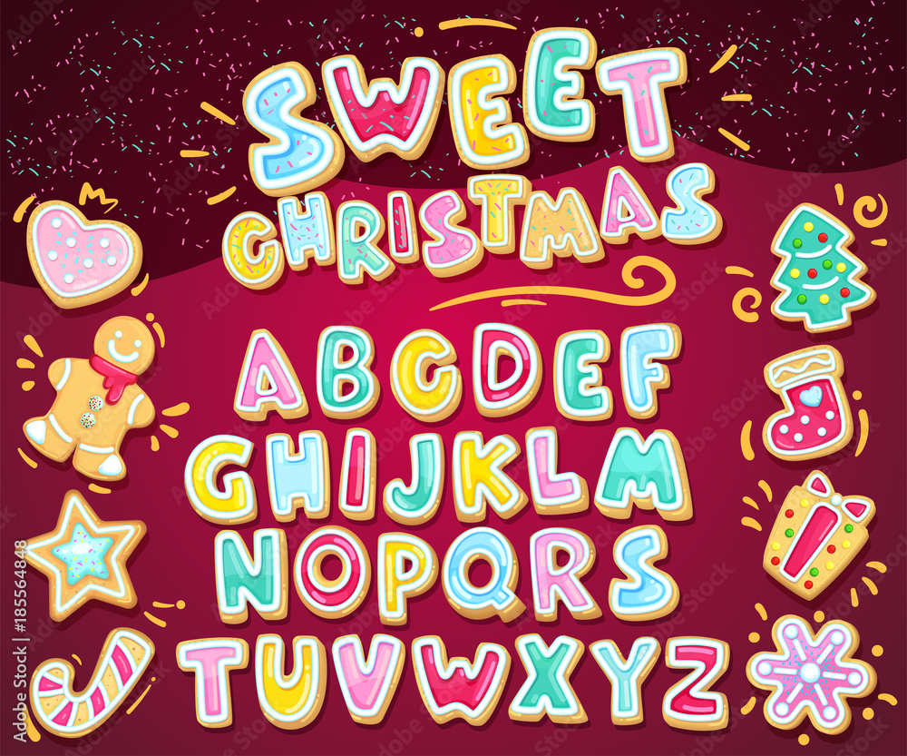 Merry christmas sweet font. Vector holiday illustration set cookie ...