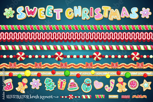 Sweet christmas design element. Border candy, cookies and and brush segments for different shapes of frames. Big vector holiday set.