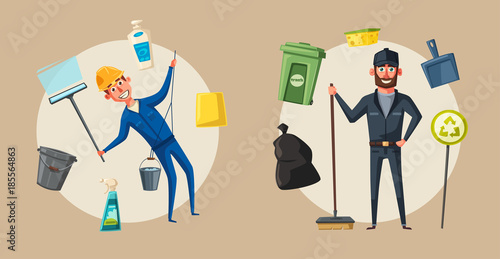 Cleaning staff character with equipment. Cartoon vector illustration.