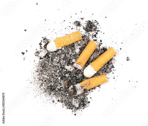 Cigarette stubs and ash isolated on white background, top view