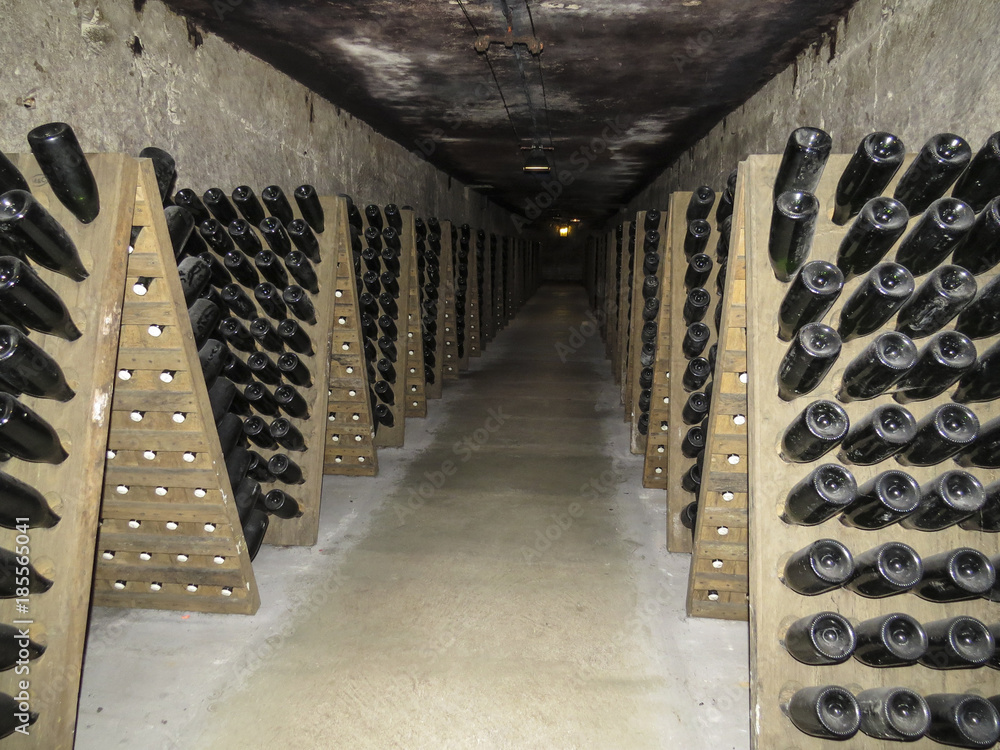 Epernay, Champagne, France. Visiting the Dom Perignon - Moet & Chandon wine  cellars in the ancient Champagne producer company. Stock Photo