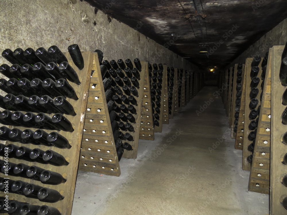 Epernay, Champagne, France. Visiting the Dom Perignon - Moet & Chandon wine  cellars in the ancient Champagne producer company. Stock Photo