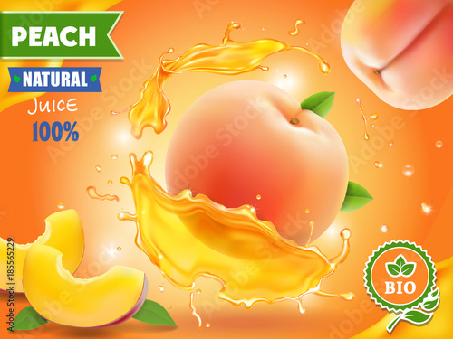 Peach juice. Realistic splash of juice with peach advertising.