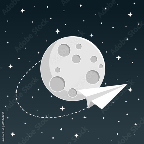Papierflieger fliegt um Mond Flat Design Icon