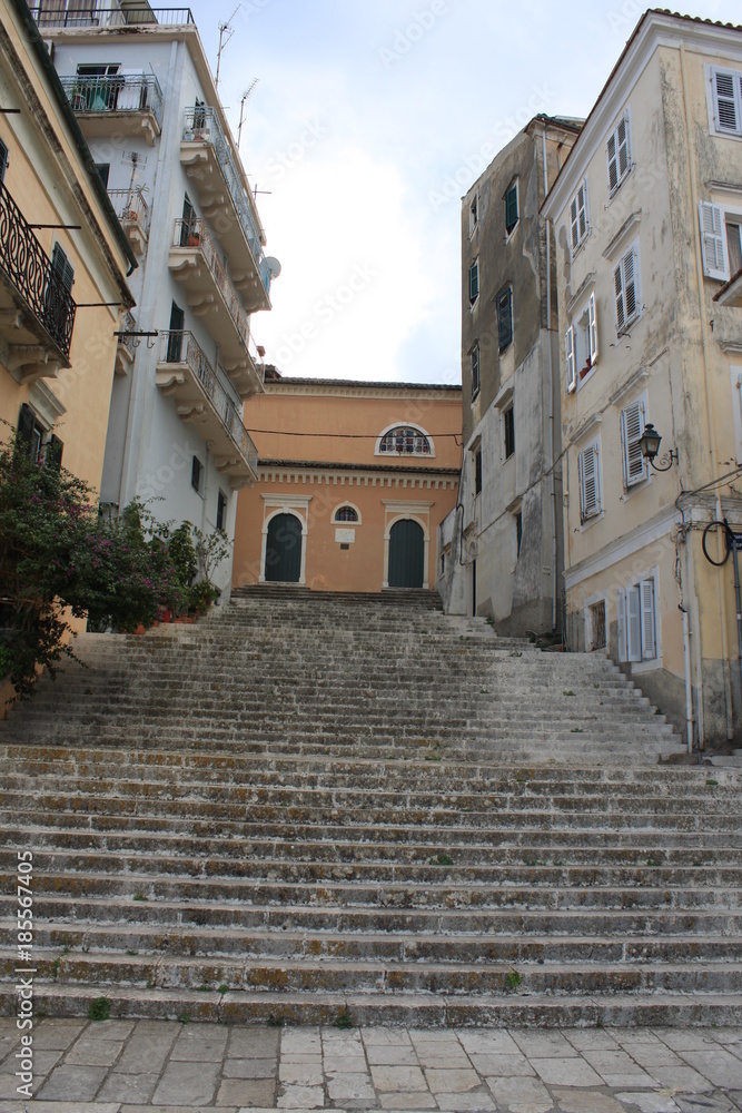Stairs in the old town of Corfu. Greece.
