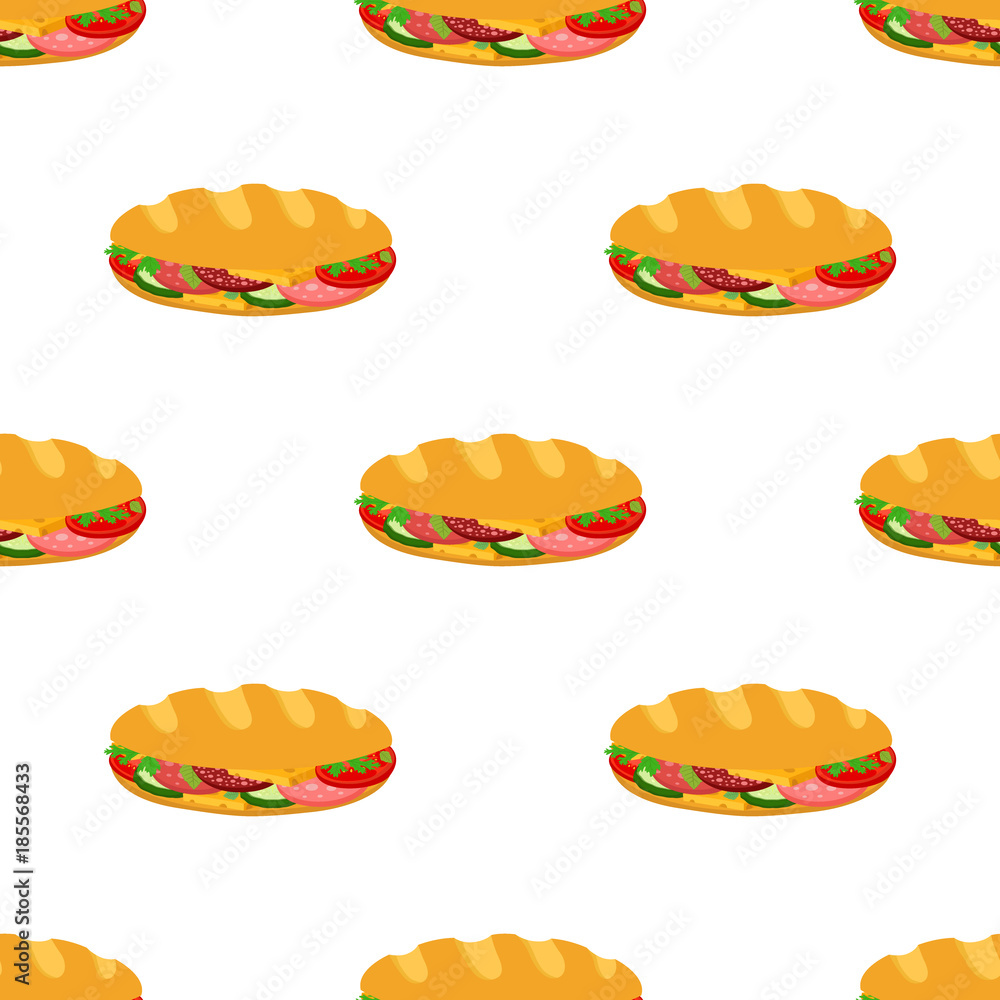 Sandwich seamless pattern, breakfast fast food. Cartoon flat style. Vector
