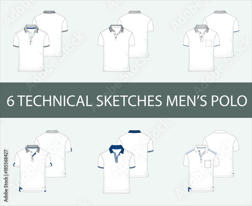 Fashion technical sketches set of men's Short Sleeve Polo Shirts in vector.