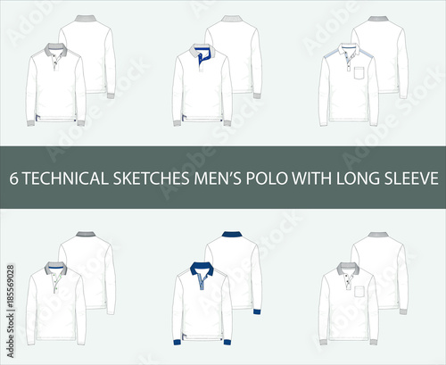 Fashion technical sketches set of men's Short Long Polo Shirts in vector.