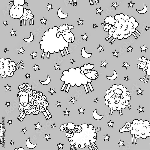 Seamless pattern with sheep in night. Can be used for textile, website background, book cover, packaging.