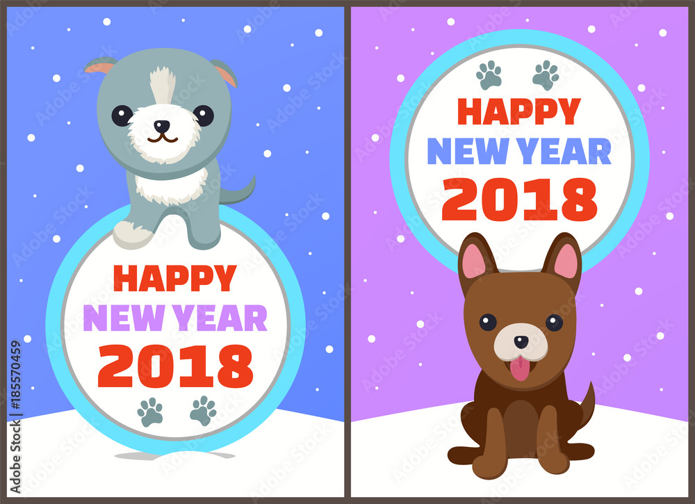 Fototapeta premium Happy New Year 2018 Dogs Set Vector Illustration