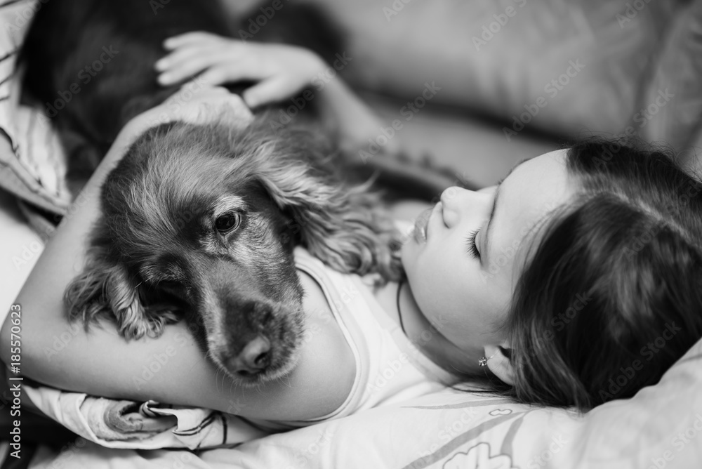 portrait of a girl and dog lying on sofa portrait of a girl and dog lying on sofa